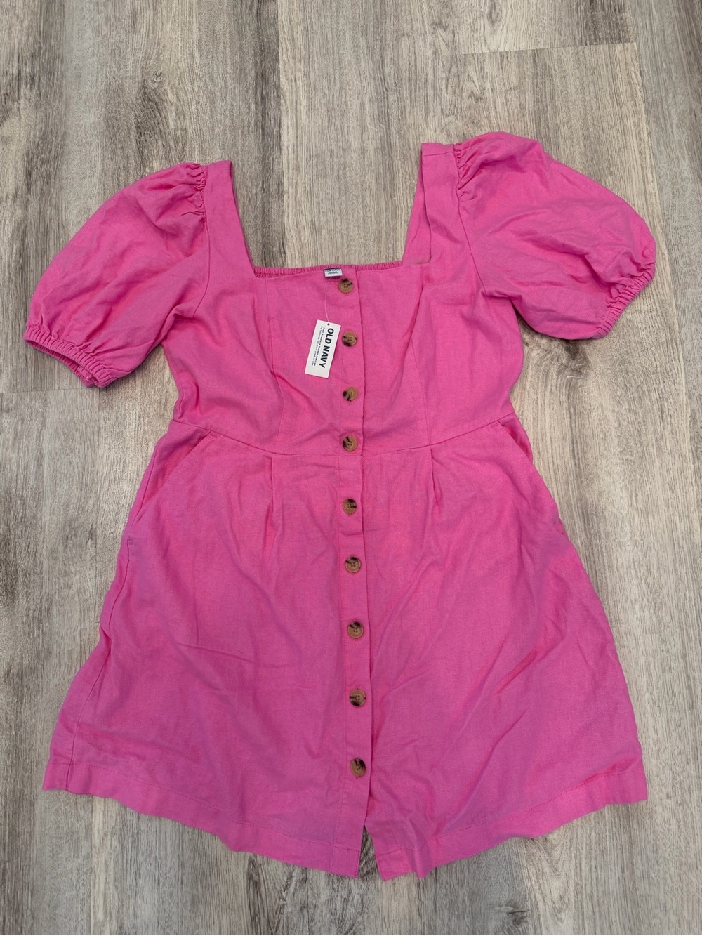 Old Navy Medium Petite Hot Pink Linen Blend Puff Sleeve Mini Dress NWT
